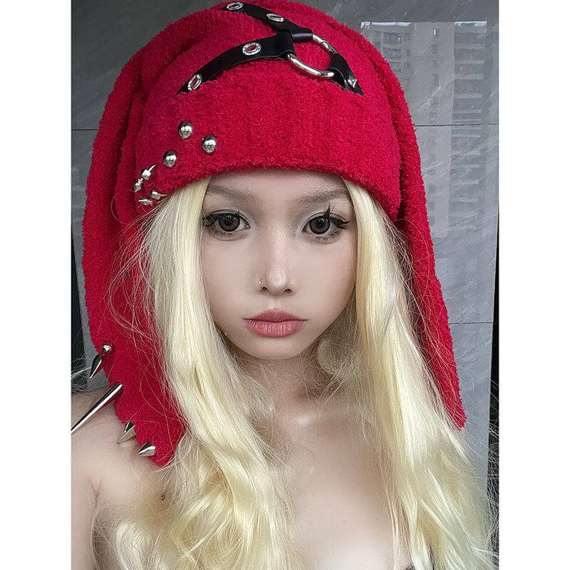 Punk Y2k Leather Buckle Rabbit Ear Rivet Design Hat