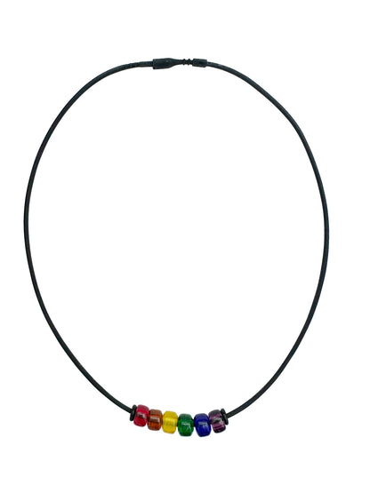 Rainbow Pride Necklace With Czech Glass Beads on Black Rubber Cord, 18 Inches