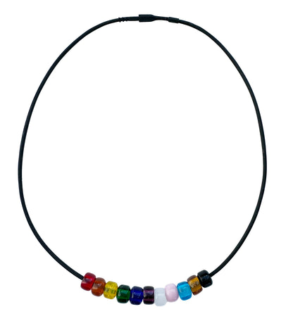 Rainbow Progress Pride Necklace With Czech Glass Beads on Black Rubber Cord, 18 Inches