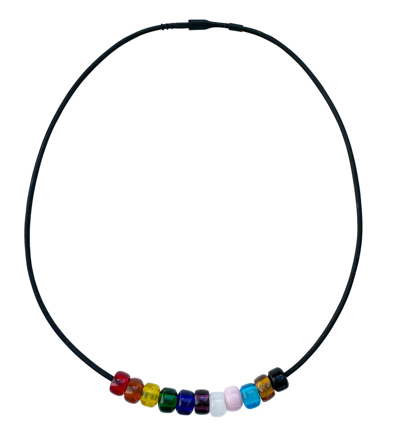 Rainbow Progress Pride Necklace With Czech Glass Beads on Black Rubber Cord, 18 Inches
