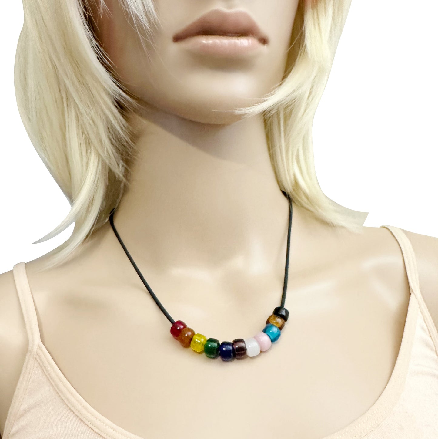 Rainbow Progress Pride Necklace With Czech Glass Beads on Black Rubber Cord, 18 Inches