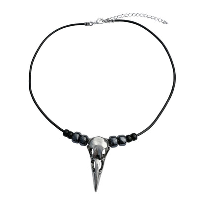 Large Silver Raven Skull Pendant on Beaded Black Leather Cord Necklace - 16" to 19"