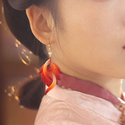 Red Feather Drop Earrings With 14k Gold & Silk