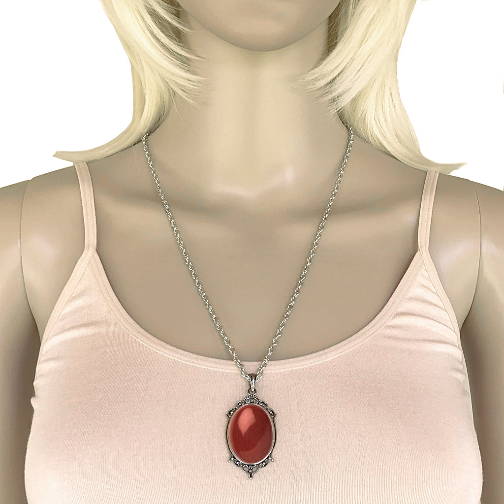 Antique Silver Red Jasper Gemstone Cabochon Pendant on Fancy Rope Chain Necklace, 24"