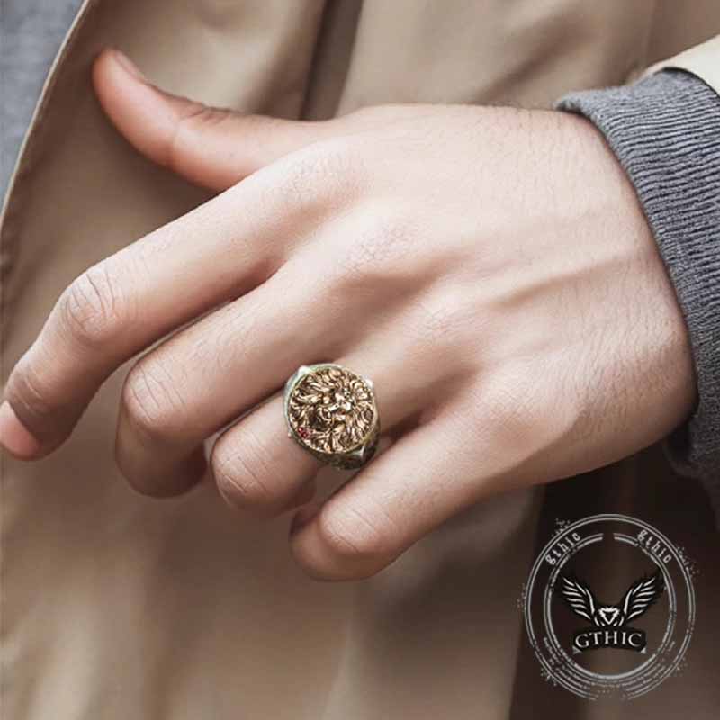 Retro Roaring Lion's Fury Gem Sterling Silver Ring