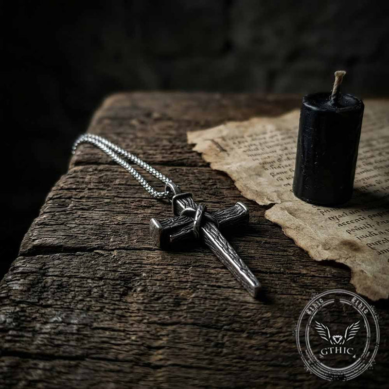 Retro Wooden Stake Cross Stainless Steel Pendant
