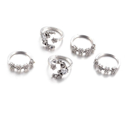 Celestial Crescent Moon & Stars Ring Set