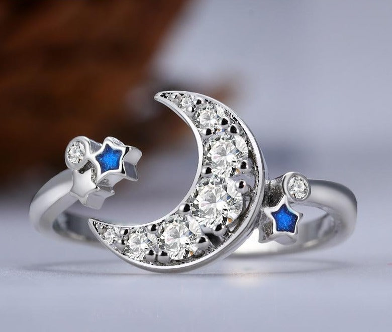 Celestial Moon & Stars Sterling Silver Ring
