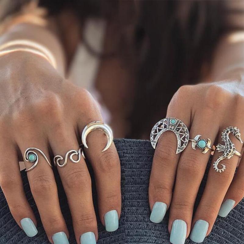 Moon Waves Ring Set
