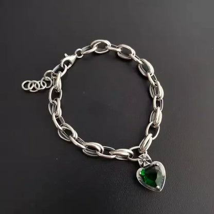 Green Crystal Gemstone Silver Charm Bracelet