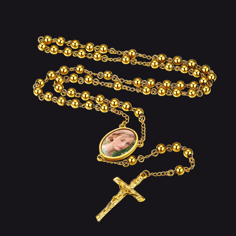 Customized Rosary Beads Cross Necklace With Picture for