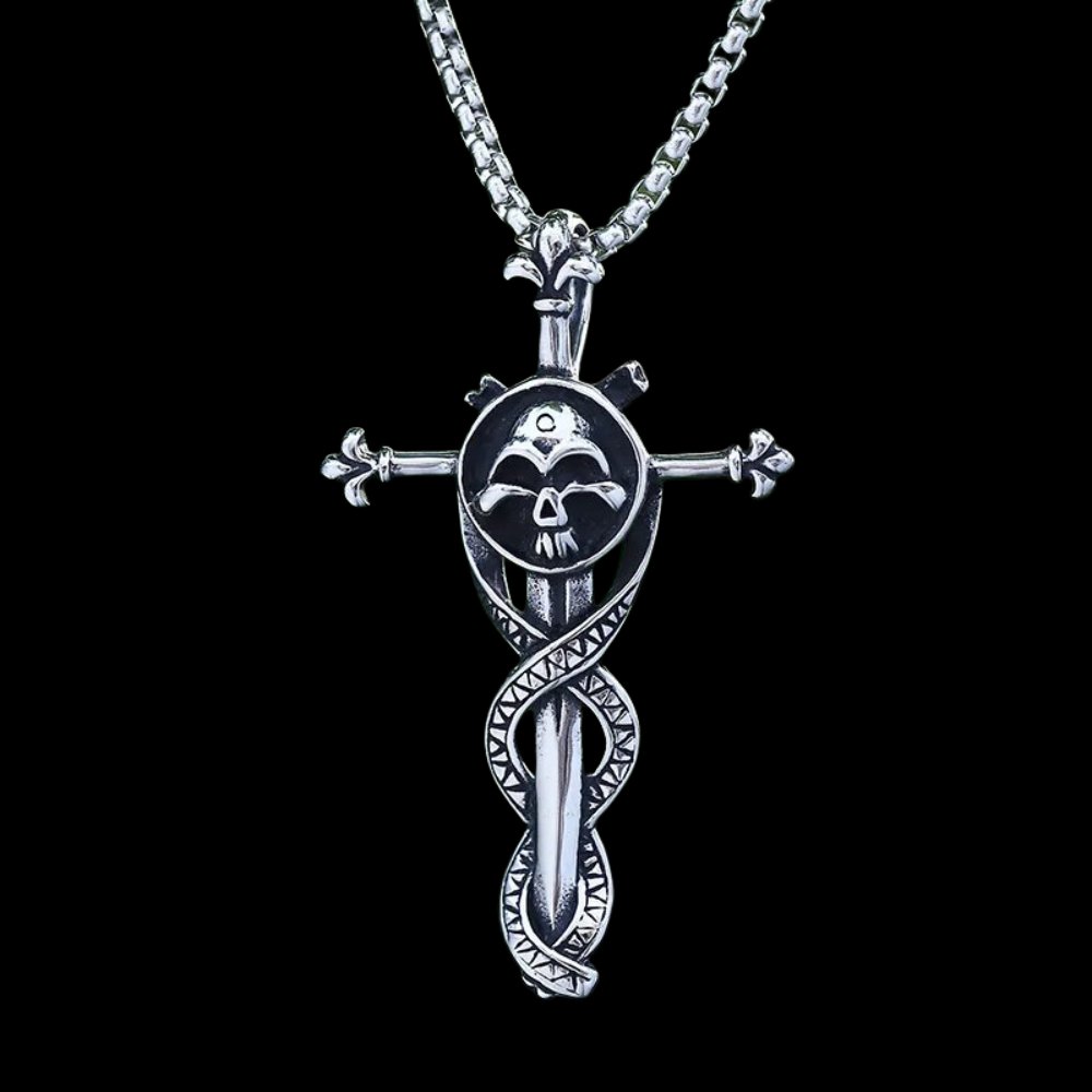 Skull Entwined Dagger Cross Pendant