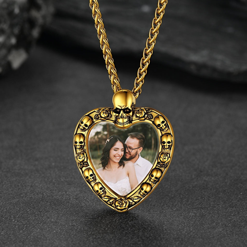 Customized Memorial Heart Photo Necklace With Skull for