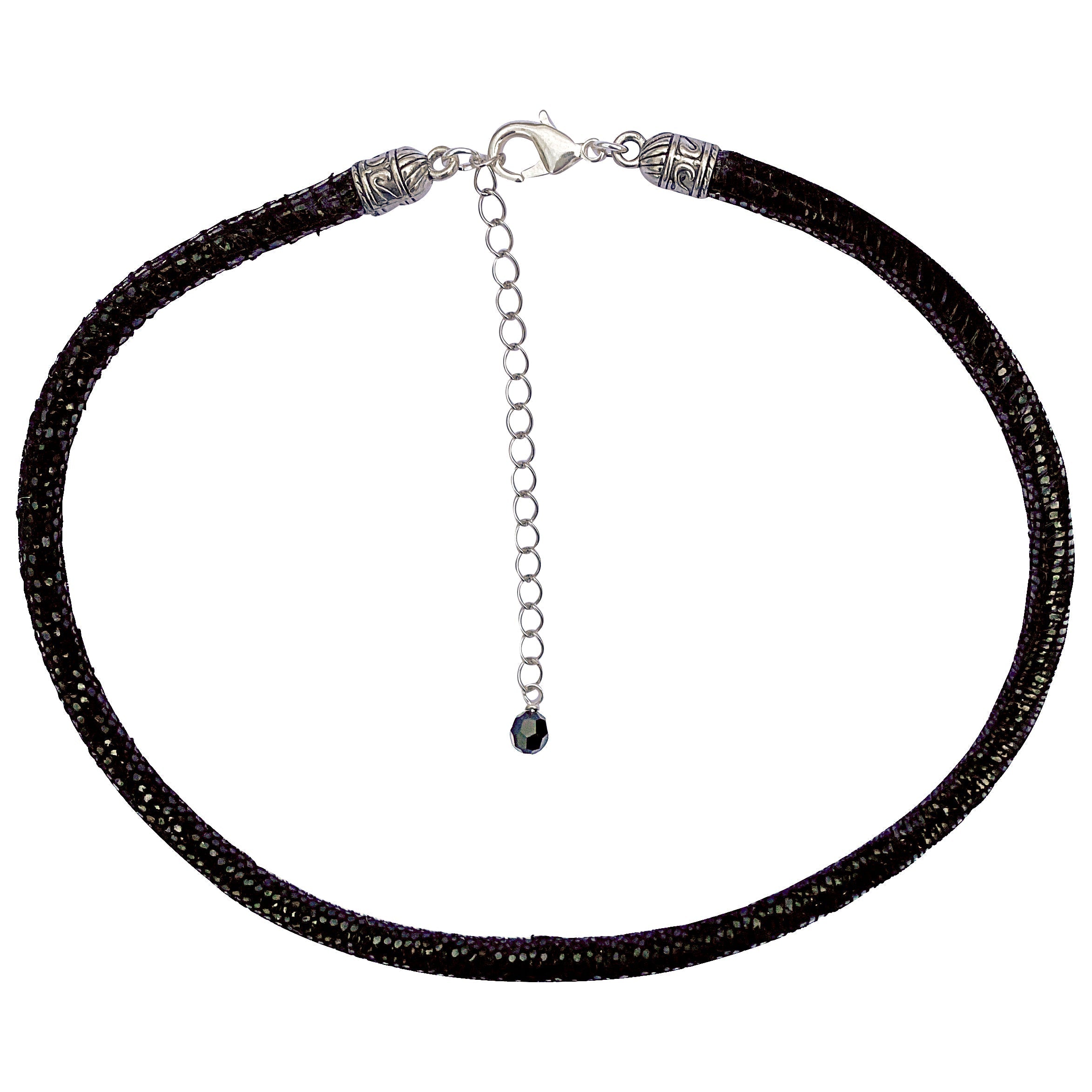 Black Leather Sparkly Snakeskin Choker Necklace With Silver Extender Chain & Swarovski Crystal