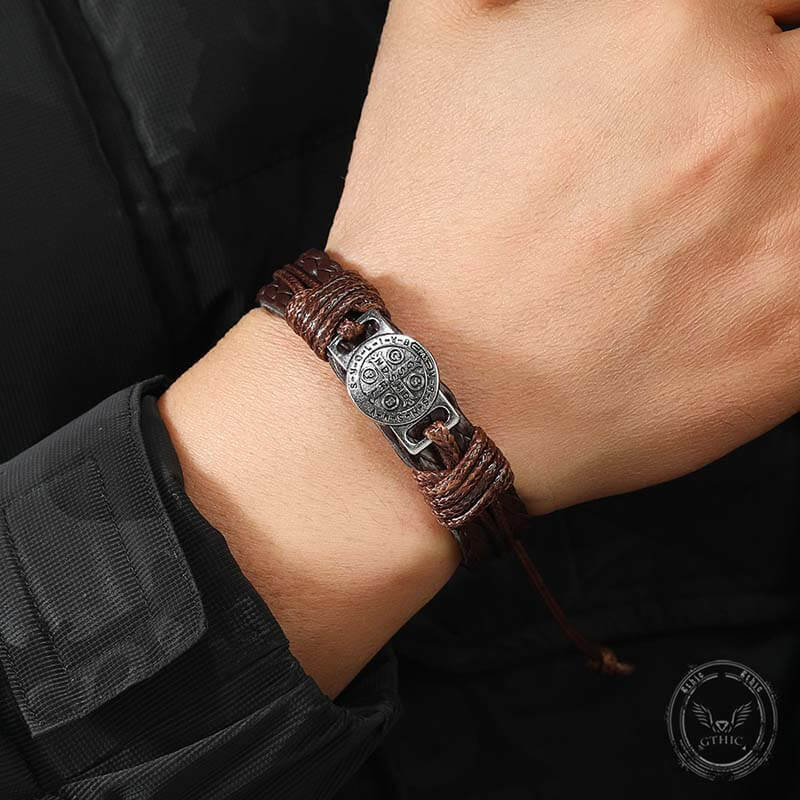 St. Benedict Braided Leather Cross Adjustable Bracelet