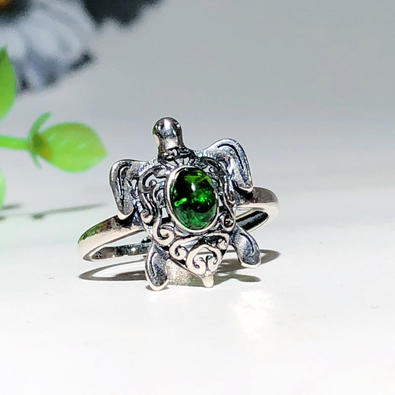 Sterling Silver Turtle Ring With Healing Crystal Stones