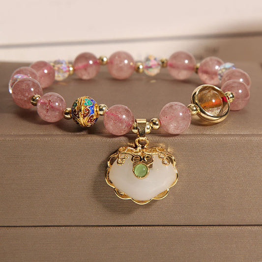 Strawberry Quartz Healing Bracelet With Chinese Lock Charm