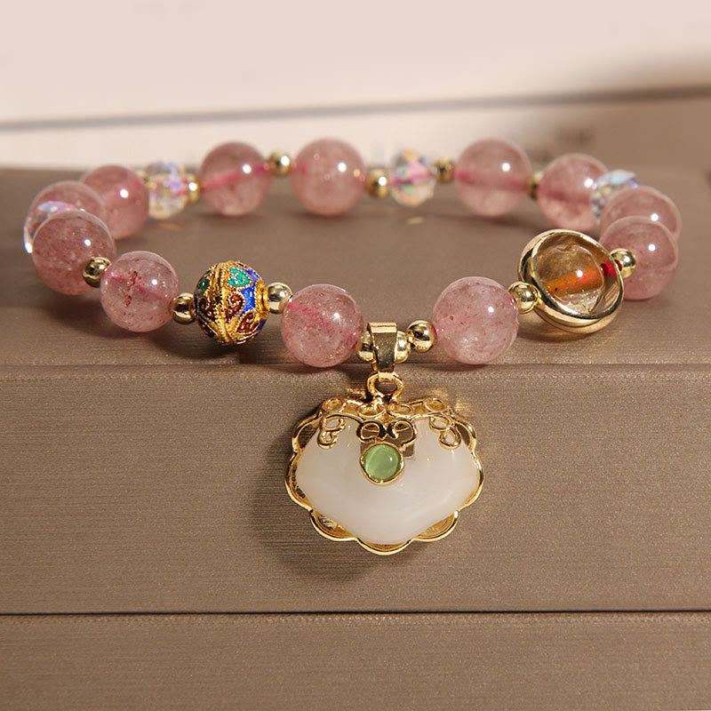 Strawberry Quartz Healing Bracelet With Chinese Lock Charm