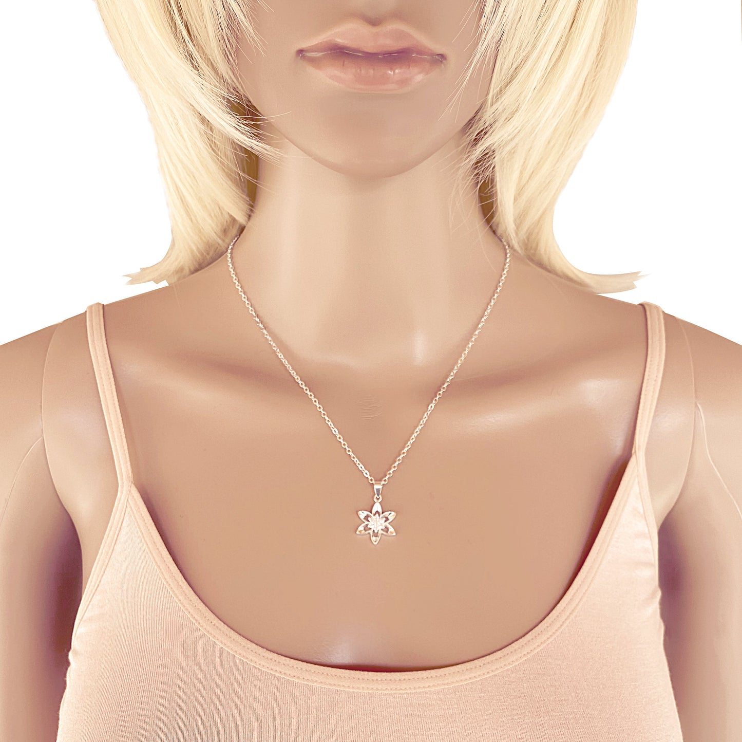 Sterling Silver Mini Cubic Zirconia Flower Pendant on Silver Cable Chain Necklace, 18" With Extender