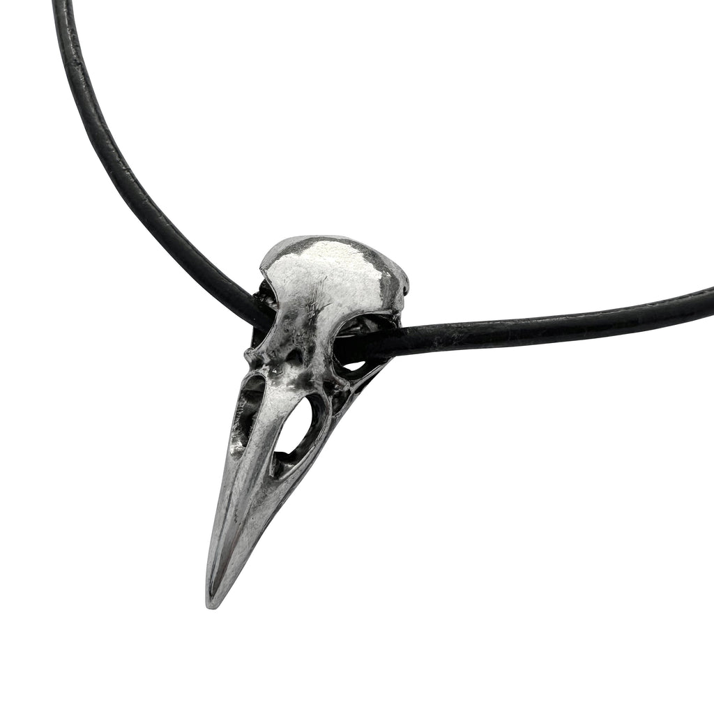 Large Silver Raven Skull on Thick Black Leather Necklace Cord - 22 Inches