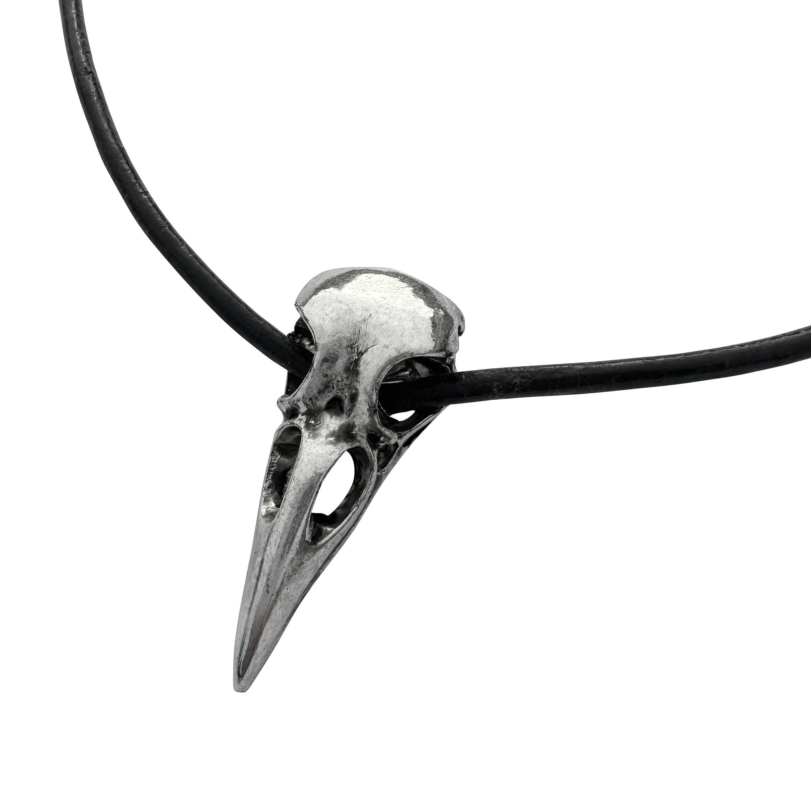 Large Silver Raven Skull on Thick Black Leather Necklace Cord - 22 Inches