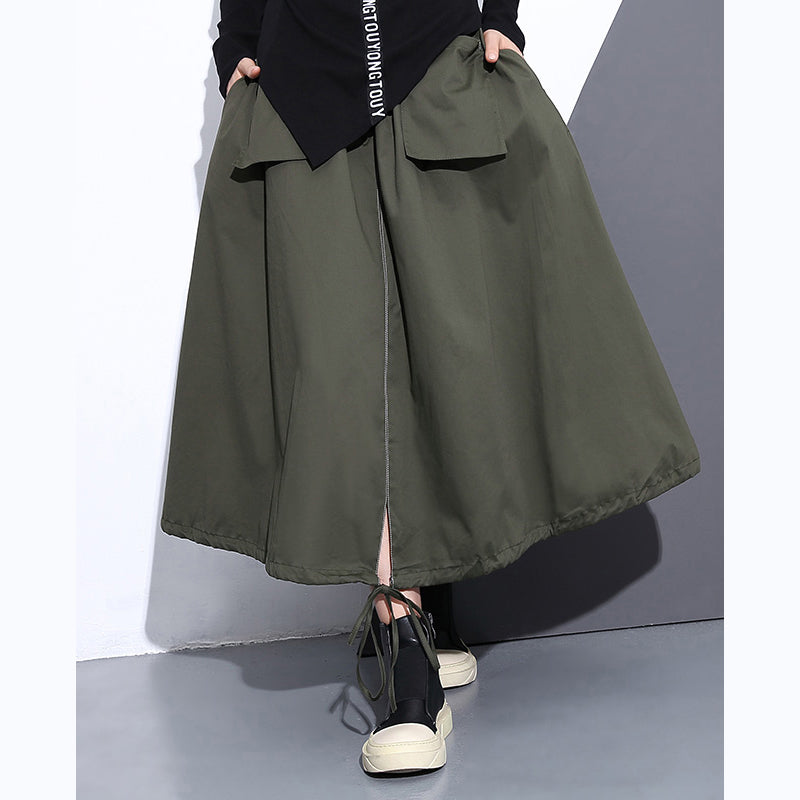Fine Army Green Natural Cotton Skirt Oversize a Line Skirts Traveling Boutique Pockets Drawstring Cotton Skirt