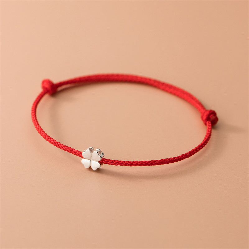 Red String 925 Silver Four Leaf Clover Bracelet