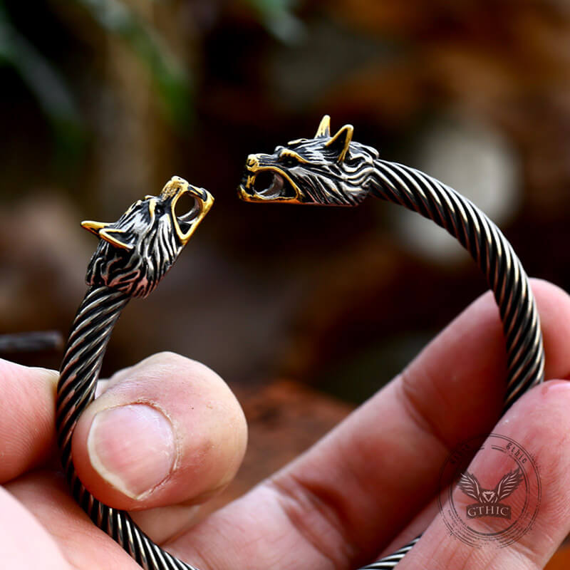 Viking Dominating Double Wolf Head Stainless Steel Open Bracelet