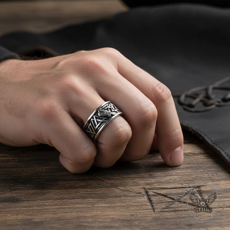 Viking Raven Valknut Rune Stainless Steel Ring