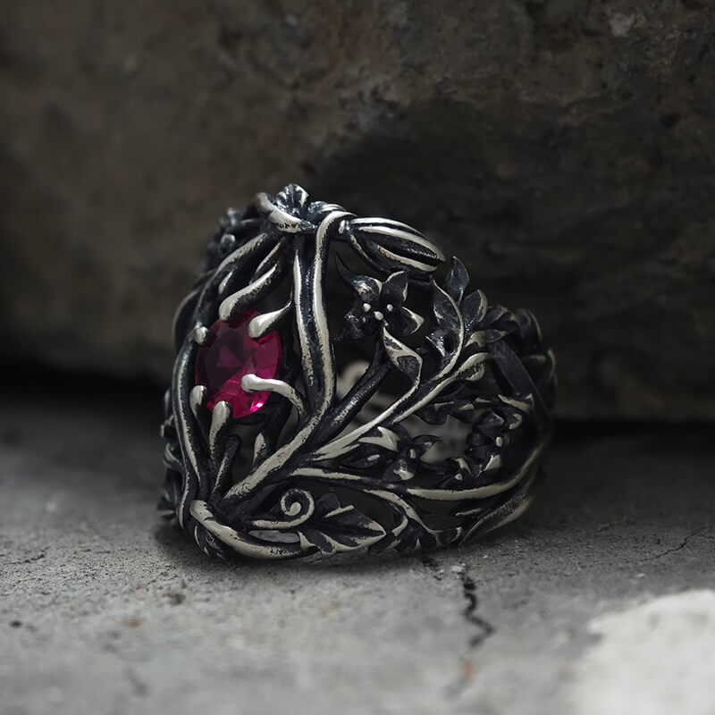Vines Design Inlaid Gem Sterling Silver Ring