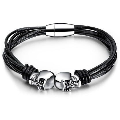 Black Double Skull Bracelets for and / Stainless Steel Bangle Jewelry