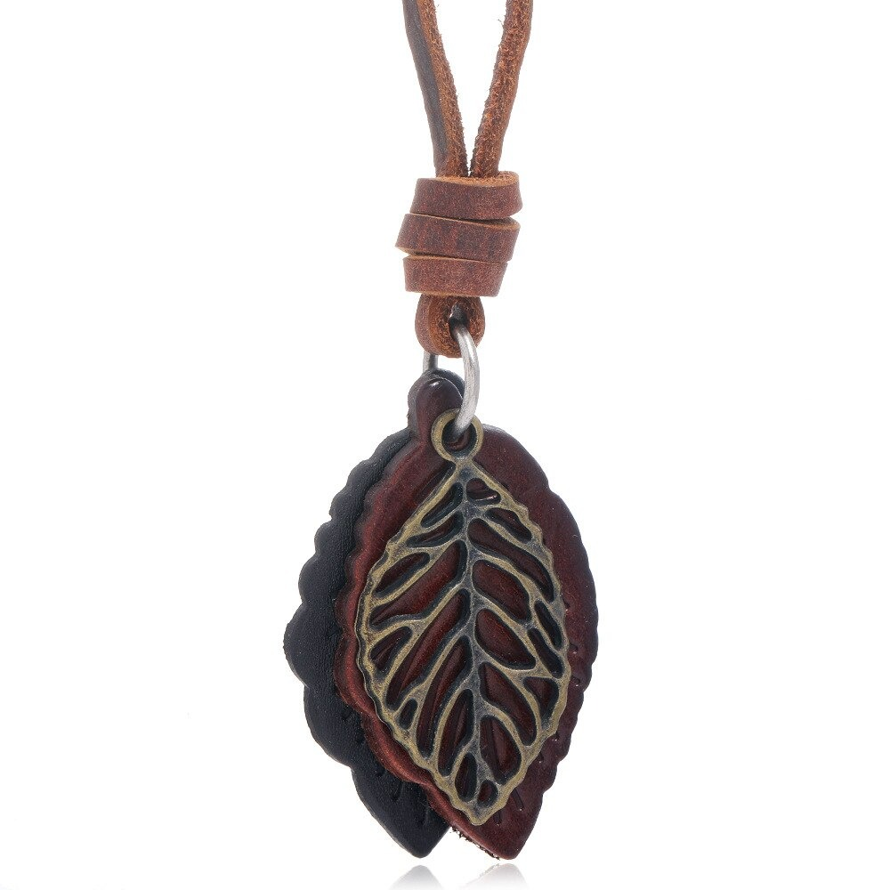 Necklace Pendant in Form Tree Leaf / Genuine Leather Necklace in Punk Style