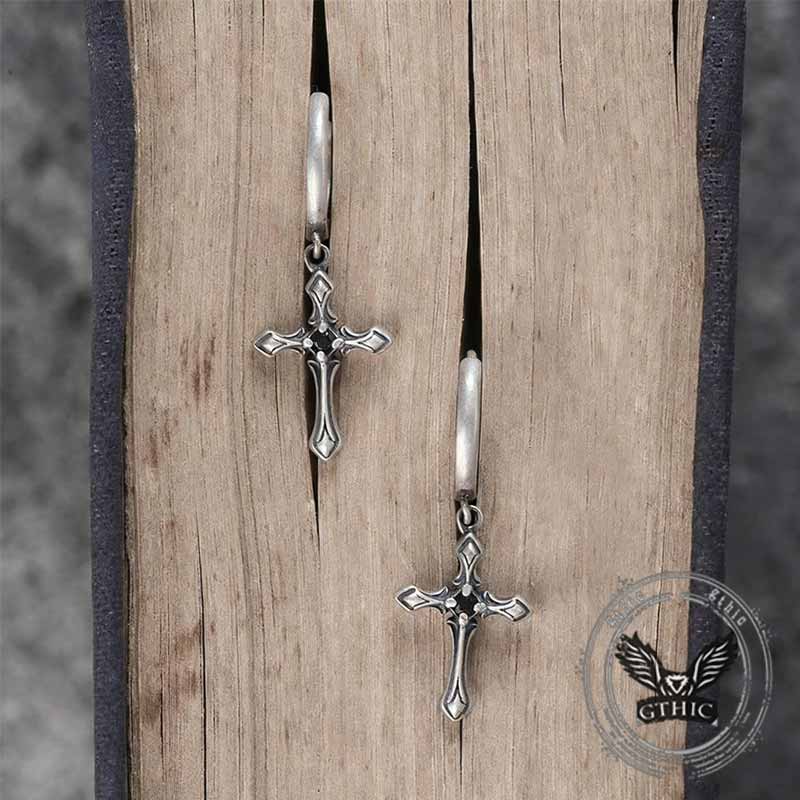 Claw-set Gemstone Cross Sterling Silver Earrings