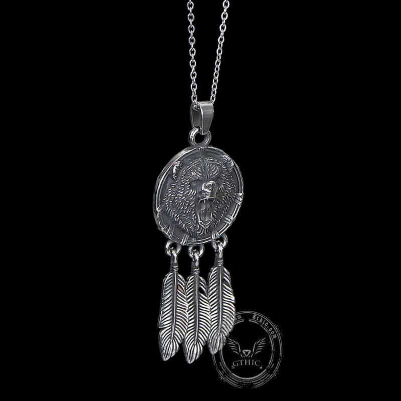 Feather Bear Head Stainless Steel Animal Pendant