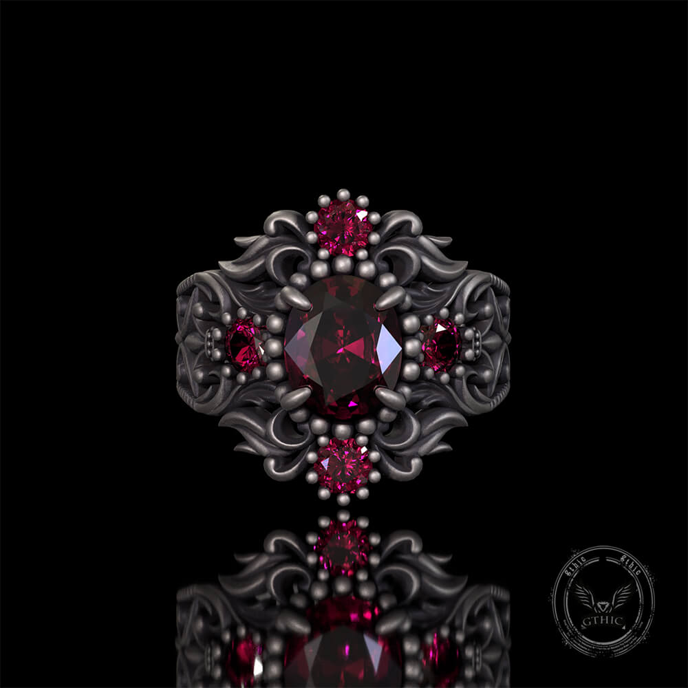 Gem-set Hollow Sterling Silver Gothic Ring