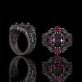 Gem-set Hollow Sterling Silver Gothic Ring