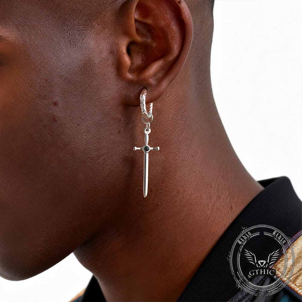 Gemstone Sword Cross Stainless Steel Earrings