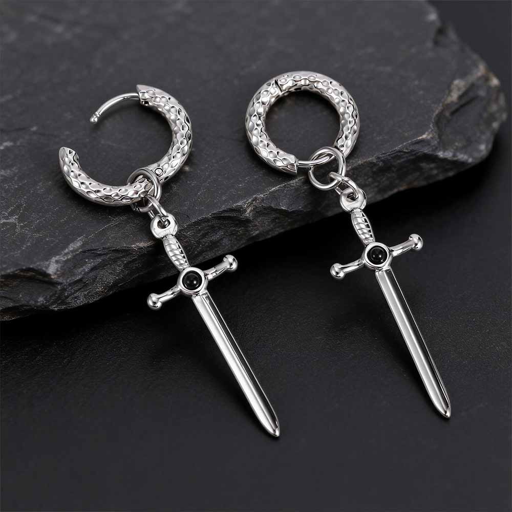 Gemstone Sword Cross Stainless Steel Earrings