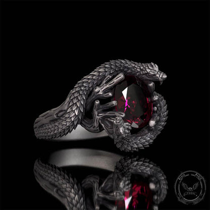 Two Dragons Playing With Gem Sterling Silver Ring