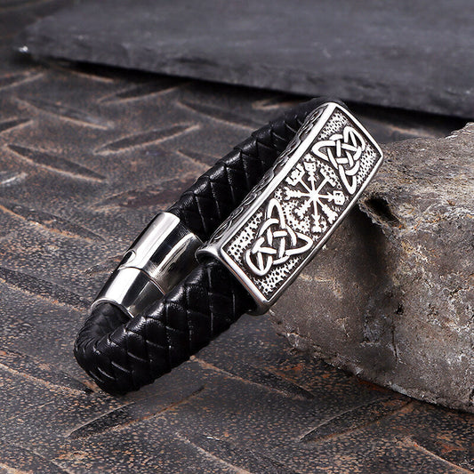 Viking Rune Stainless Steel Leather Bracelet