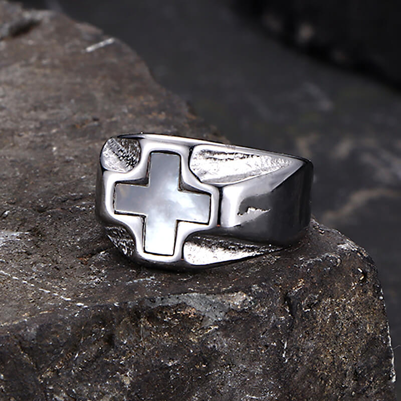 White Shell Cross Stainless Steel Ring