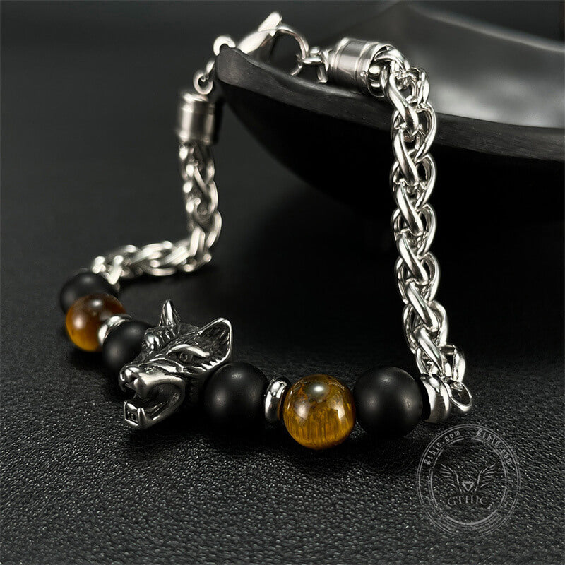 Wolf Head Tiger’s Eye Stainless Steel Bracelet