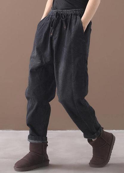 Winter New Denim Black Loose Pants Drawstring Thick Trousers