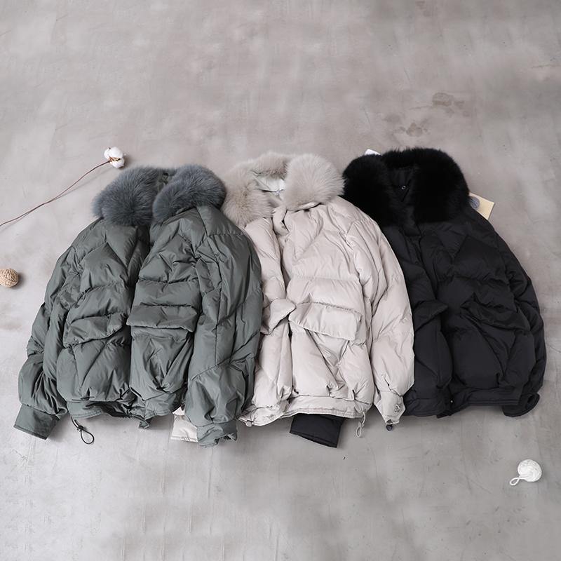 Light Gray Down Jacket Oversize Down Jacket Fur Collar Drawstring Coats