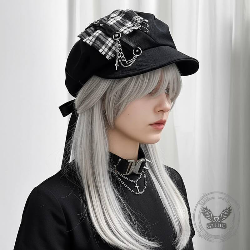 Y2k Punk Dark Plaid Cross Chain Beret